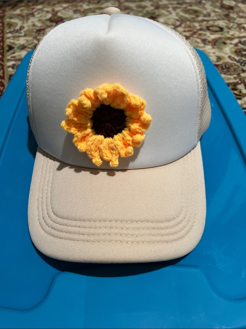 Sunflower Crochet Patch Trucker Hat - White and Beige